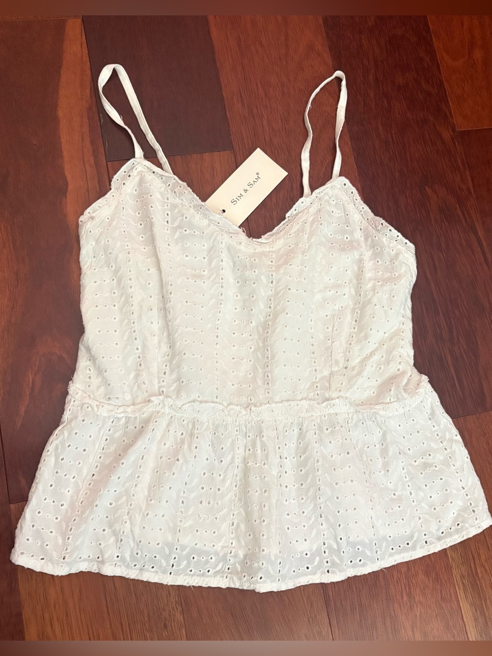 Sim & Sam Eyelet Lace Peplum Tank Top White Smocked XS 0/2 NEW  Boho Cottage